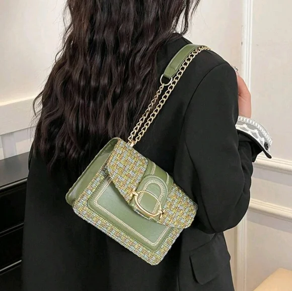 BRAND NEW ** Green Tweed Chain Strap Women's Bag - Picture 4 of 5